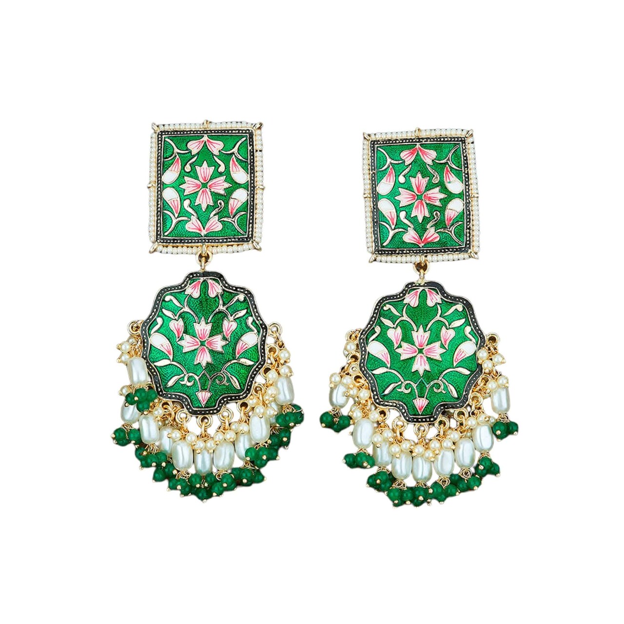 Oversized Indian Jhumka Earrings – Square Stud Jhumki, Ethnic Chandbali with Floral Print & Faux Pearls – Bollywood Dangle Jewelry for Women, Bride & Birthday Gift